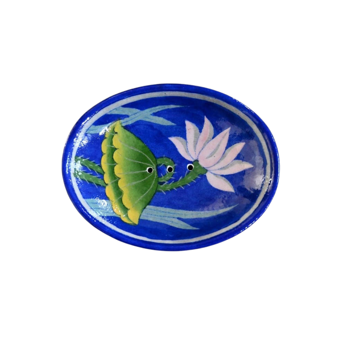 Oval Lotus Blue Pottery Soap Dish