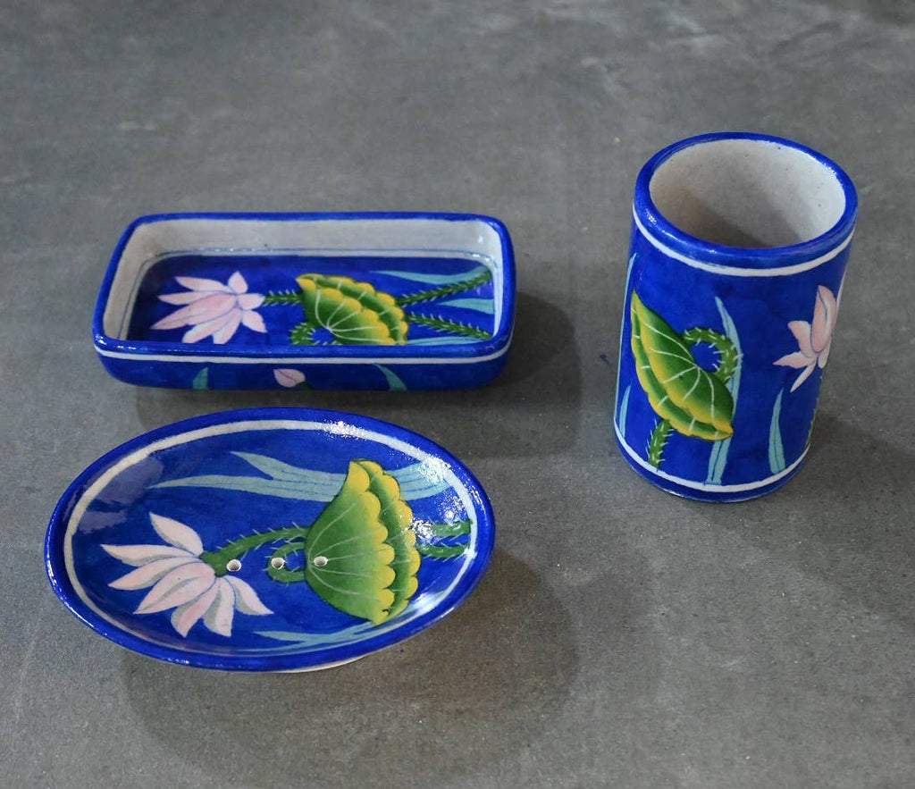 Oval Lotus Blue Pottery Soap Dish